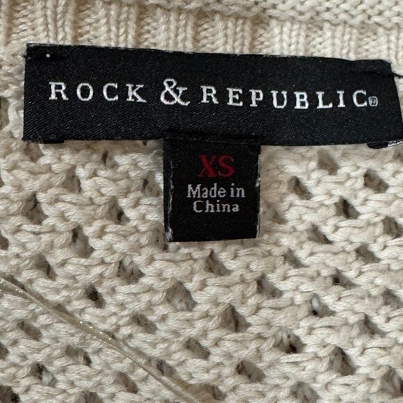 Rock & Republic Womens Mesh Tan Sweater XS Studded Brown Knit Lightweight Hi-Low - Picture 7 of 11